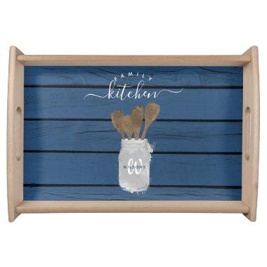 Rustic Blue Wood Jar Spoon Family Kitchen Decor Serving Tray