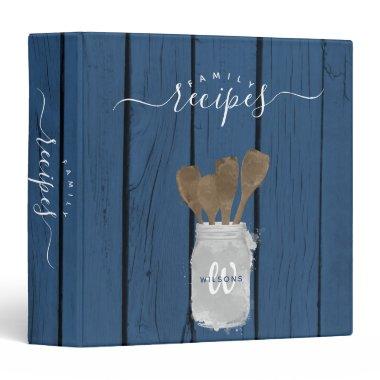 Rustic Blue Wood Jar Spoon Family Recipe Cookbook 3 Ring Binder