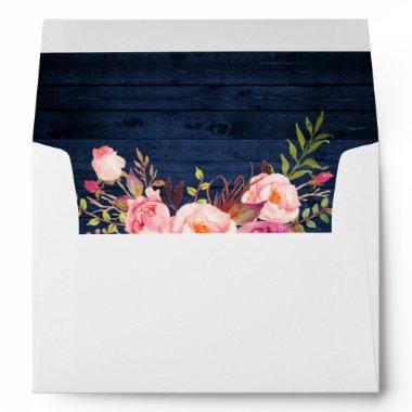 Rustic Blue Wood Pink Floral Invitations Envelope