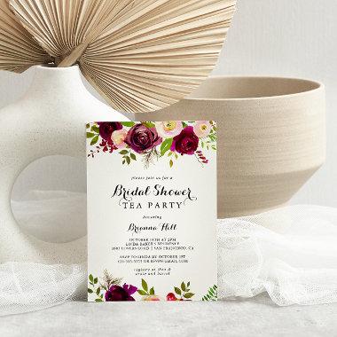 Rustic Blush Burgundy Bridal Shower Tea Party Invitations