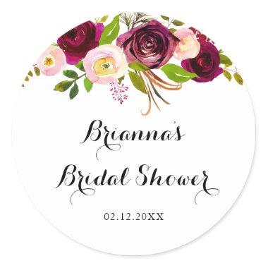 Rustic Blush Burgundy Floral Bridal Shower Favor Classic Round Sticker