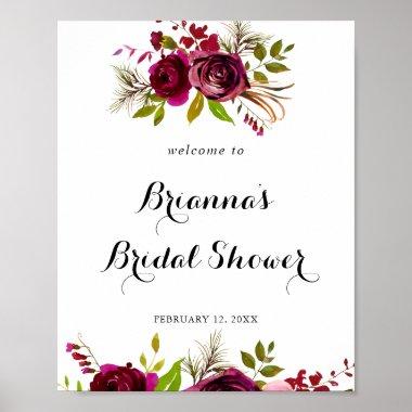 Rustic Blush Burgundy Floral Bridal Shower Welcome Poster