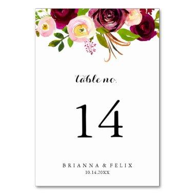 Rustic Blush Burgundy Floral Calligraphy Wedding Table Number