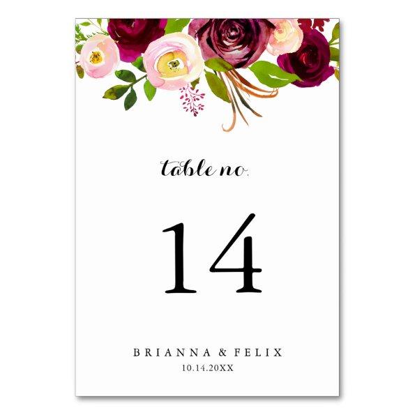 Rustic Blush Burgundy Floral Calligraphy Wedding Table Number