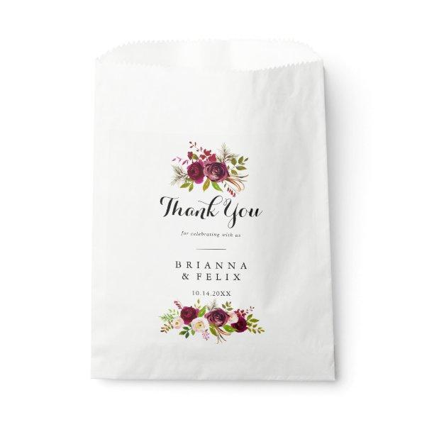 Rustic Blush Burgundy Floral Thank You Wedding Favor Bag
