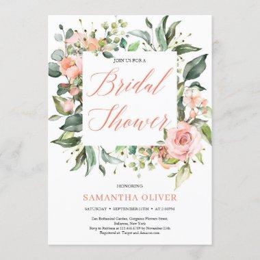 Rustic blush floral wreath green Bridal Shower Invitations