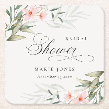 Rustic Blush Greenery Floral Bunch Bridal Shower Square Paper Coaster