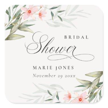 Rustic Blush Greenery Floral Bunch Bridal Shower Square Sticker