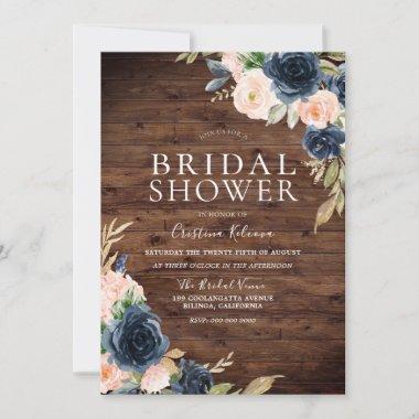 Rustic Blush & Navy Elegant Modern Bridal Shower Invitations