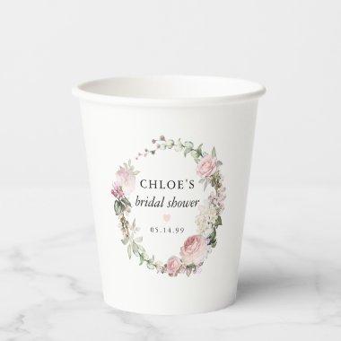 Rustic Blush Pink Rose Floral Bridal Shower Paper Cups