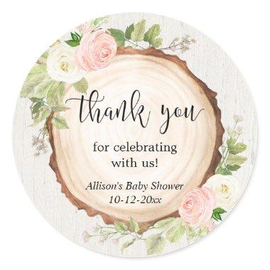 Rustic blush pink white floral girl baby shower classic round sticker