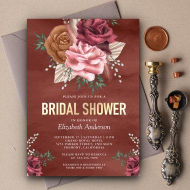 Rustic Boho Cinnamon Rose Floral Bridal Shower Invitations