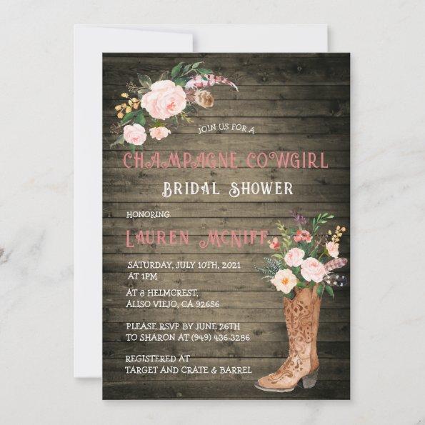 Rustic Boho Cowgirl Floral Boots Bridal Shower Invitations