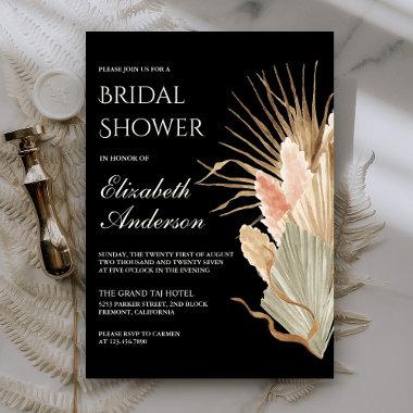 Rustic Boho Dried Palm Pampas Black Bridal Shower Invitations