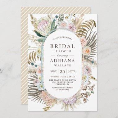 Rustic Boho Dried Palm Pampas Floral Bridal Shower Invitations