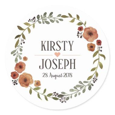 Rustic Boho Feather Floral Wreath Wedding Sticker