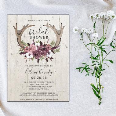 Rustic Boho Floral Antlers Wood Bridal Shower Invitations