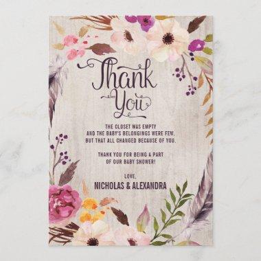 Rustic Boho Floral Baby Shower Thank You Note Invitations