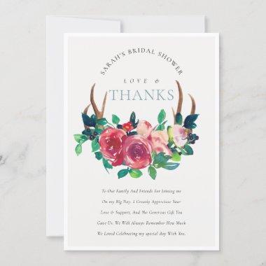 Rustic Boho Floral Stag Antlers Bridal Shower Thank You Invitations