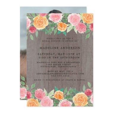 Rustic Boho Floral Wood Photo Bridal Shower Invite