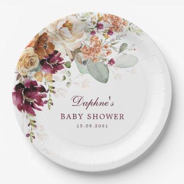 Rustic Boho Maroon Terracotta Floral Baby Shower Paper Plates