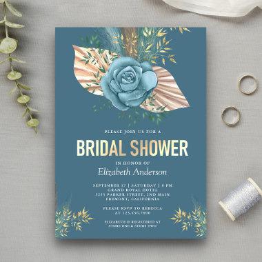 Rustic Boho Palm Dusty Blue Floral Bridal Shower Invitations