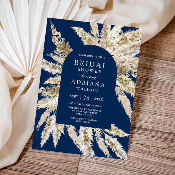 Rustic Boho Pampas Arch Navy Blue Bridal Shower Invitations