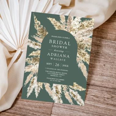 Rustic Boho Pampas Arch Sage Green Bridal Shower Invitations