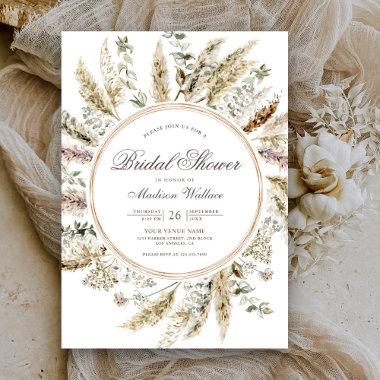 Rustic Boho Pampas Grass Wreath Bridal Shower Invitations