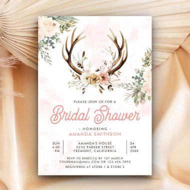 Rustic Boho Pink Floral Antler Bridal Shower Invitations