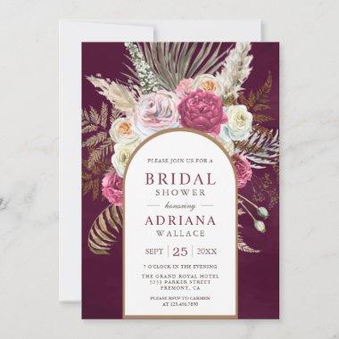 Rustic Boho Plum Floral Arch Bridal Shower Invitations
