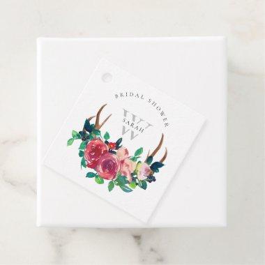 Rustic Boho Red Floral Stag Antlers Bridal Shower Favor Tags