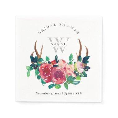 Rustic Boho Red Floral Stag Antlers Bridal Shower Napkins