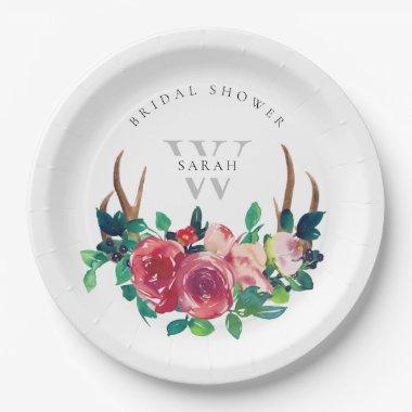 Rustic Boho Red Floral Stag Antlers Bridal Shower Paper Plates