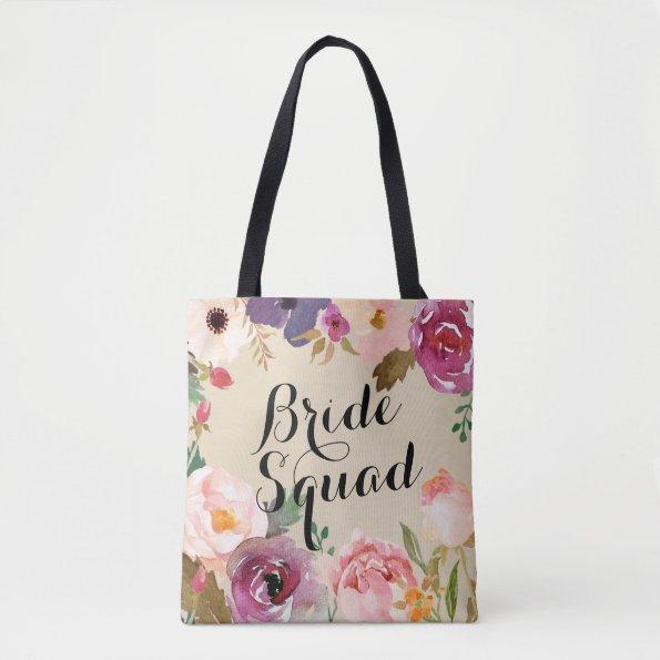 Rustic Boho Watercolor Flowers Bride Squad Tote Bag