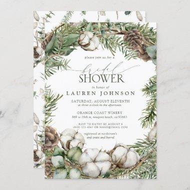 Rustic Boho Winter Greenery Pinecone Bridal Shower Invitations