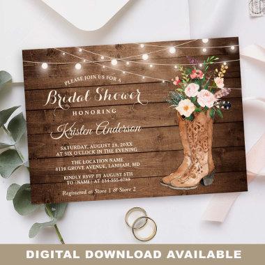 Rustic Boots Floral String Lights Bridal Shower Invitations