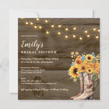 Rustic Boots Floral String Lights Photo Bridal Invitations