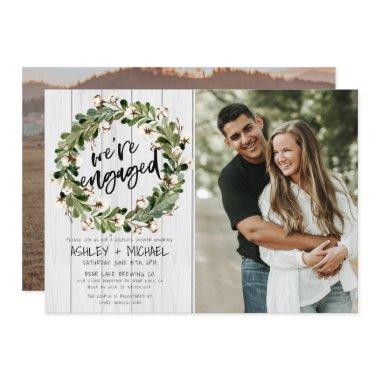 Rustic Botanical Wreath Script 2 Photo Engagement Invitations