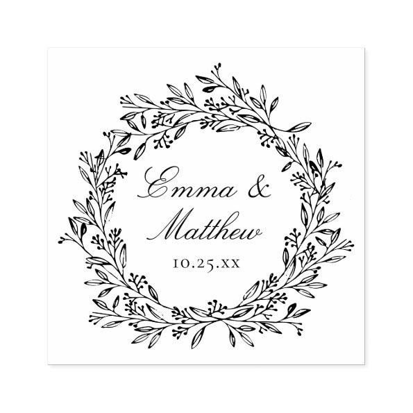 Rustic Botanical Wreath Wedding Logo Monogram Rubber Stamp