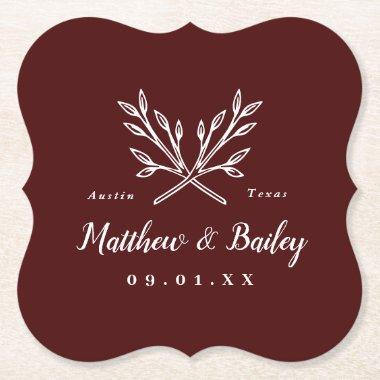 Rustic Branches Wedding Monogram | Burgundy Paper Coaster