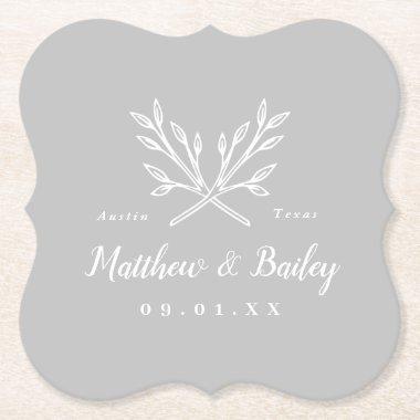 Rustic Branches Wedding Monogram | Gray Paper Coaster