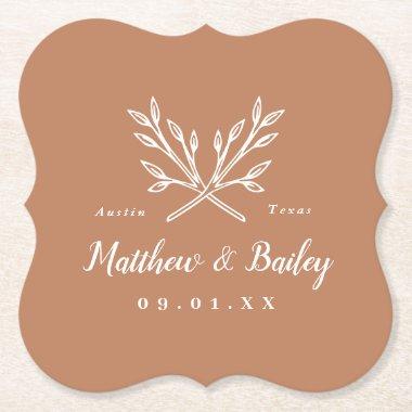 Rustic Branches Wedding Monogram | Terra Cotta Paper Coaster