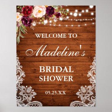 Rustic Bridal Shower Burgundy Floral Lace Poster