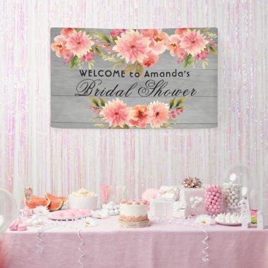 Rustic bridal shower coral dahlia flowers gray banner