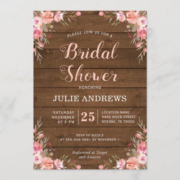 Rustic Bridal Shower Country Chic Pink Floral Wood Invitations