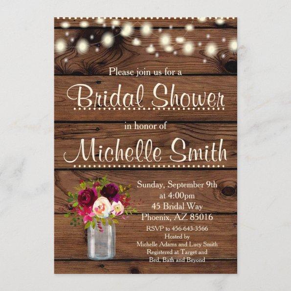 Rustic Bridal Shower Invitations, Boho, Burgundy Invitations