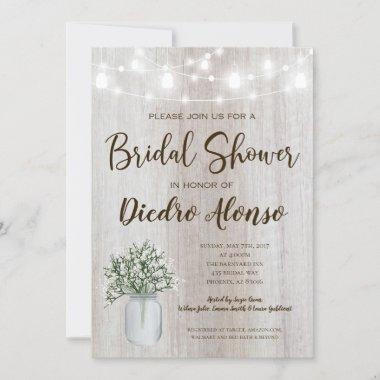 Rustic Bridal Shower Mason Jar Lights Babys Breath Invitations
