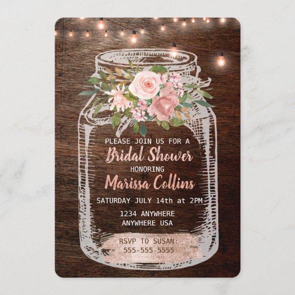 Rustic Bridal Shower, Mason Jar Lights Boho Floral Invitations