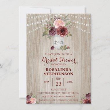 Rustic Bridal Shower Red Floral Wood Background Invitations